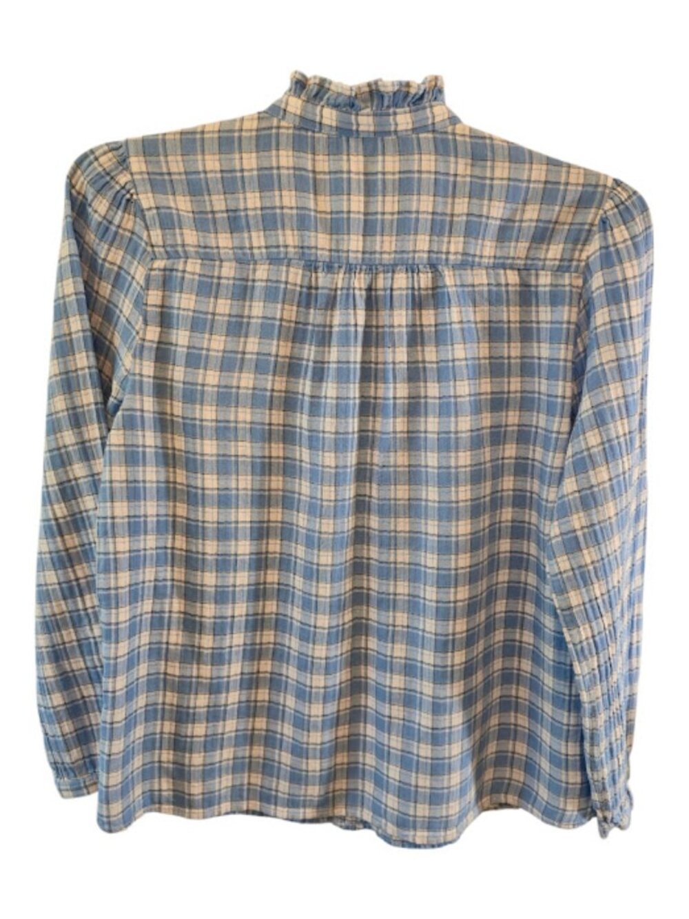 PLAID BLUE WHITE SHIRT LOFT SIZE LARGE RUFFLE COLLAR BUTTON UP SOFT COMFY - Picture 6 of 9
